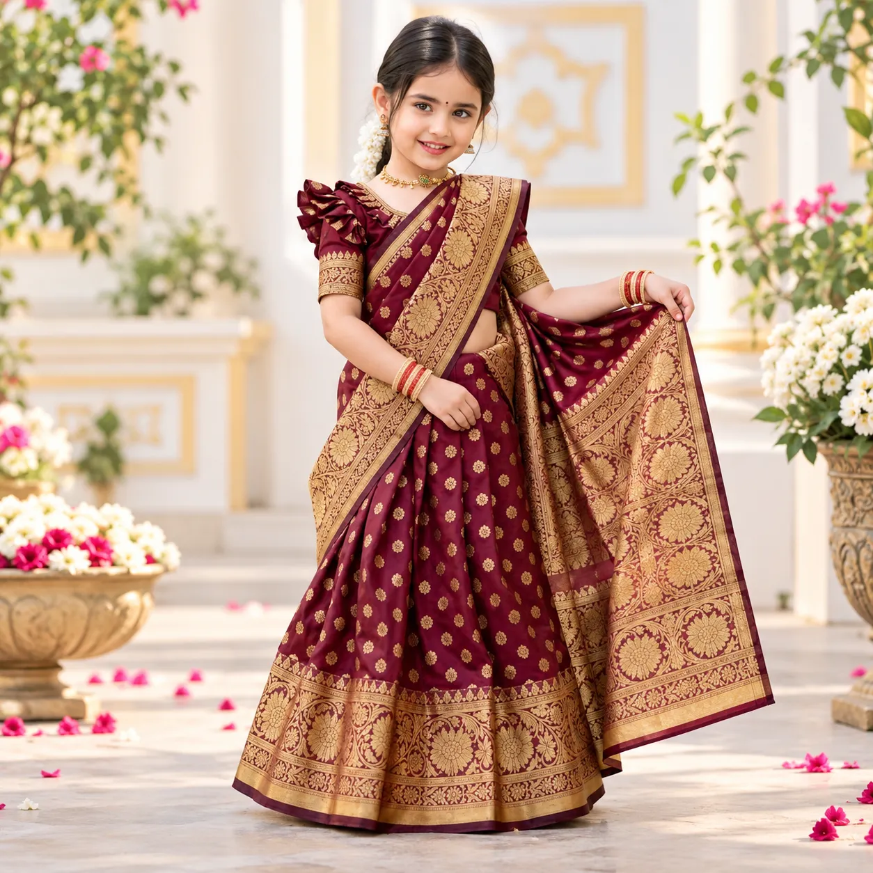 Graceful Girl in Maroon Saree (1) বাচ্চাদের রেডি কাতান শাড়ি - Image 1